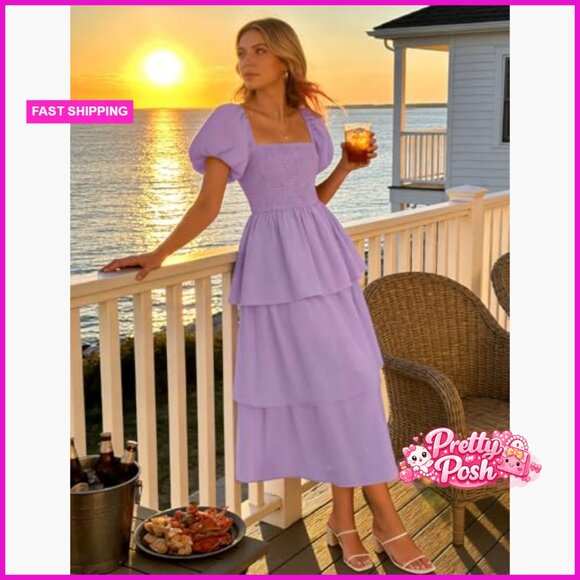 Puff Sleeve Midi Dress Backless Square Neck A-Line Tiered - Picture 2 of 7